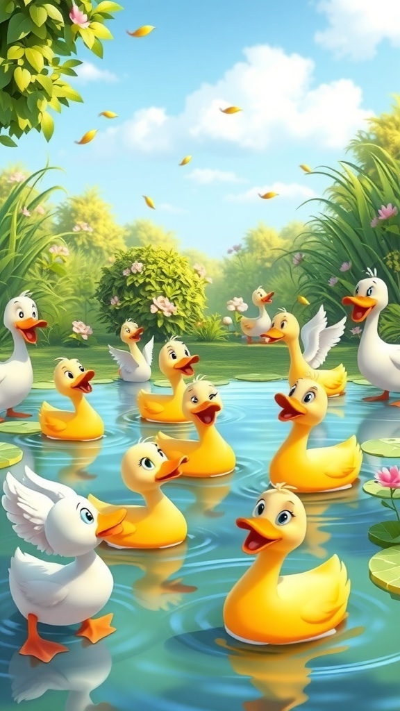 Animated ducks swimming in a pond with greenery and a blue sky.